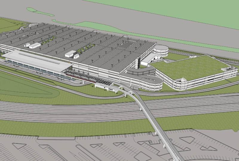 Rendering of the Consolidated Rental Car Facility with ATS extension at O'Hare
