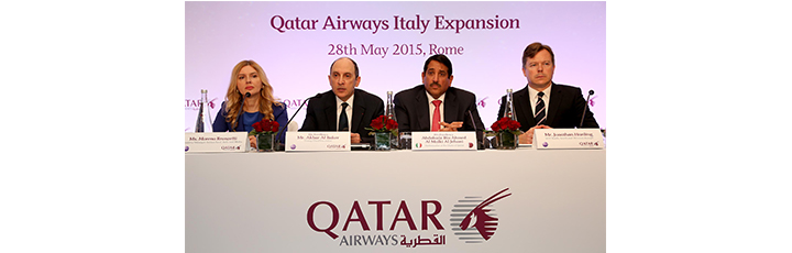 Qatar Airways’ Group Chief Executive, His Excellency Mr. Akbar Al Baker, hosted a press conference in Rome for key media. Pictured are (centre left) His Excellency, Mr. Akbar Al Baker, (centre right) the Ambassador of the State of Qatar in Italy, His Excellency Abdulaziz Bin Ahmed Al Malki Al Jehani, (left) Qatar Airways Country Manager Switzerland, Italy and Malta, Ms Morena Bronzetti and (right) Senior Vice President North, South and Western Europe, Mr Jonathan Harding