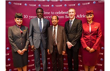 The State of Qatar’s Ambassador to the Republic of South Africa, His Excellency Mr. Salem Abdulla Al-Jaber (second left), the United Arab Emirates Ambassador to the Republic of South Africa, His Excellency Mr. Hamad Hareb Alhabsi (middle) and Qatar Airways Country Manager - South Africa, Mr. Jonathan Minnett, at the five-star airline’s 10th anniversary celebrations in Johannesburg.