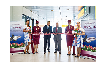 Qatar Airways Chief Commercial Officer, Mr. Marwan Koleilat (third right) and Chief Commercial Officer, Schiphol Group Mr. Maarten de Groof (third left), cut a ceremonial ribbon upon arrival at Amsterdam Schiphol Airport.