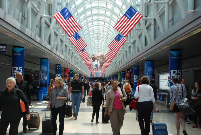 American flags line the Hall of Flags in Terminal 3 at O'Hare.