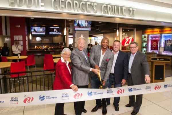 Cutting the ribbon, from left to right: Elaine Roberts, President & CEO, Columbus Regional Airport Authority; William R. Heifner, Vice-Chair, Columbus Regional Airport Authority Board of Directors; Eddie George, Heisman Trophy winner, entrepreneur, restaurateur; Bob Burness, CEO, G.R.E.A.T. Grille Group; Kent Vanden Oever, VP, Business Development, HMSHost.