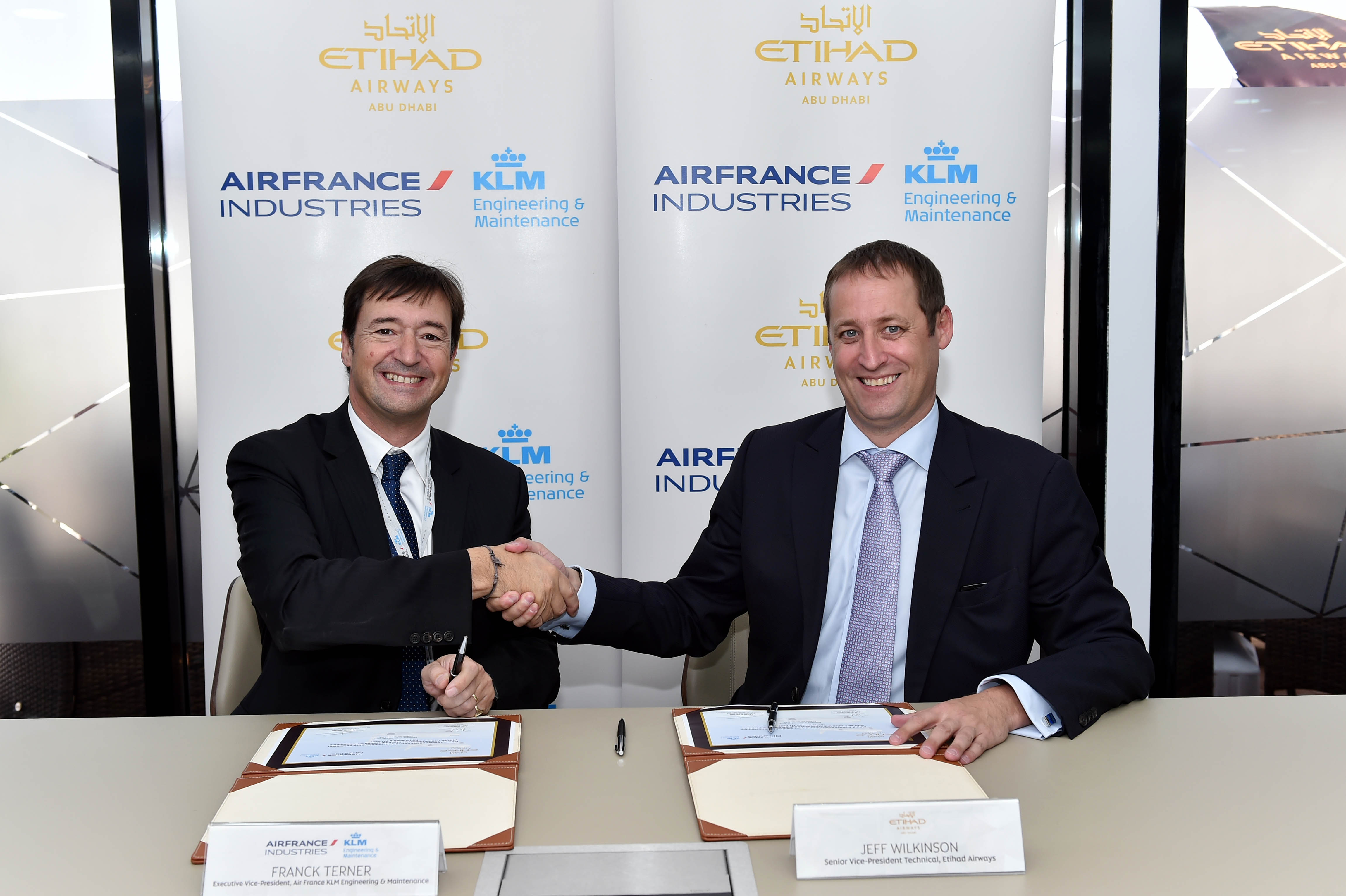 Picture Caption: Jeff Wilkinson, Senior Vice President Technical of Etihad Airways, pictured right, with Franck Terner, Executive Vice President of Air France KLM Engineering & Maintenance, after signing a 10-year agreement for a component maintenance agreement for the carrier’s Boeing 777 fleet.