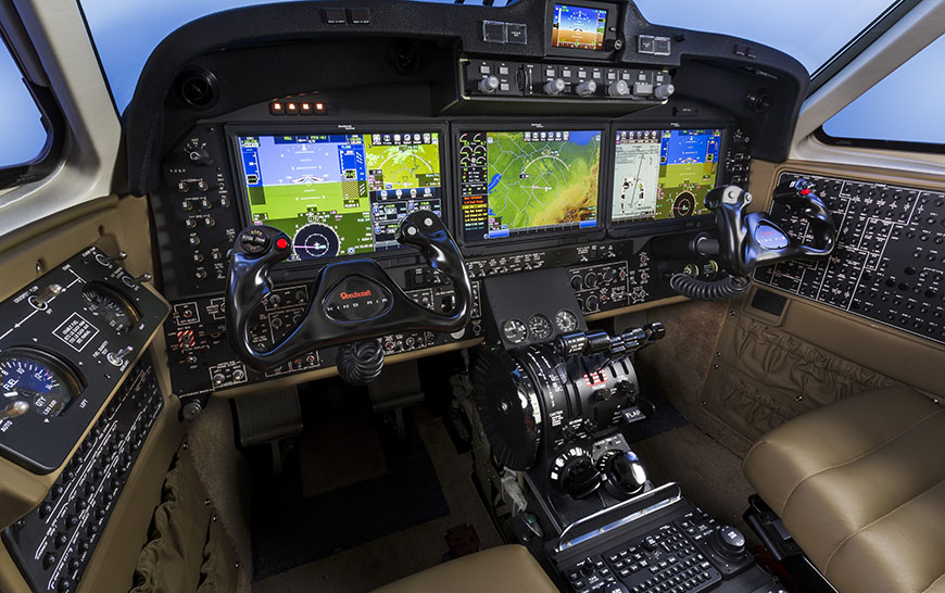 Photography of the Beechcraft King Air 350 cockpit with the Rockwell Collins Pro Line Fusion integrated flight deck. Beechcraft Delivery Hangar (BEC) Wichita, KS  USA