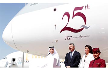 Addressing guests at the celebration of Qatar Airways’ 25th Dreamliner at the Dubai Airshow is the airline’s Group Chief Executive, His Excellency Mr. Akbar Al Baker (first from left), President and CEO of Boeing Commercial Airplanes, Ray Conner, (second from left) and the United States Ambassador to the State of Qatar, Her Excellency Dana Shell Smith.