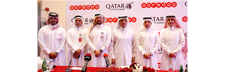 From right; Sheikh Saud Bin Nasser Al Thani, Group CEO of Ooredoo; H.E Mr. Akbar Al Baker, Qatar Airways Group Chief Executive; H.E. Sheikh Abdulla Bin Mohammed Bin Saud Al Thani, Chairman of the Board of Directors for Ooredoo; Mr. Waleed Al Sayed, CEO Ooredoo Qatar; Mr. Yousef Abdulla Al Kubaisi, COO Ooredoo Qatar and Sheikh Nasser Bin Hamad Al Thani, Chief New Business Officer Ooredoo.