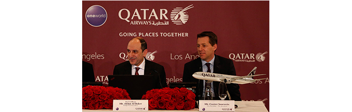 Qatar Airways Group Chief Executive, His Excellency Mr. Akbar Al Baker, hosts a press conference 12 January celebrating the 1 January start of service to Los Angeles International Airport. He was joined by Gunter Saurwein, Qatar Airways' Vice President - Americas, and Deborah Flint, Executive Director of Los Angeles World Airports.