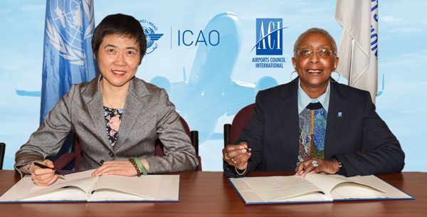 ACI World Director General Angela Gittens (right) and ICAO Secretary General Dr. Fang Liu signing a new MOU to enhance cooperation on airport security.