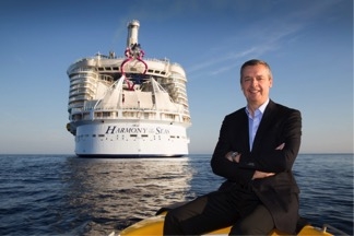 Royal Caribbean International's President and CEO, Michael Bayley, sends off the cruise line's newest ship, Harmony of the Seas, departing from summer homeport Barcelona, Spain.  