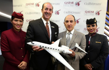 Qatar Airways Group Chief Executive His Excellency Mr. Akbar Al Baker at the press conference, alongside Mr. Mark Burns, President, Gulfstream Aerospace.