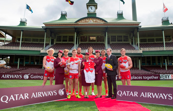 Representatives from Qatar Airways and Sydney Swans at the sponsorship announcement at Sydney Cricket Ground