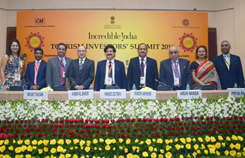 Qatar Airways Group Chief Executive, His Excellency Mr. Akbar Al Baker (fourth from left) pictured during a panel discussion at the Incredible India Tourism Investors’ Summit 2016, alongside Mr. Vinod Zutshi, Secretary, Ministry of Tourism and Mr. Ramesh Abhishek, Secretary, Department of Industrial Policy and Promotion – Government of India.