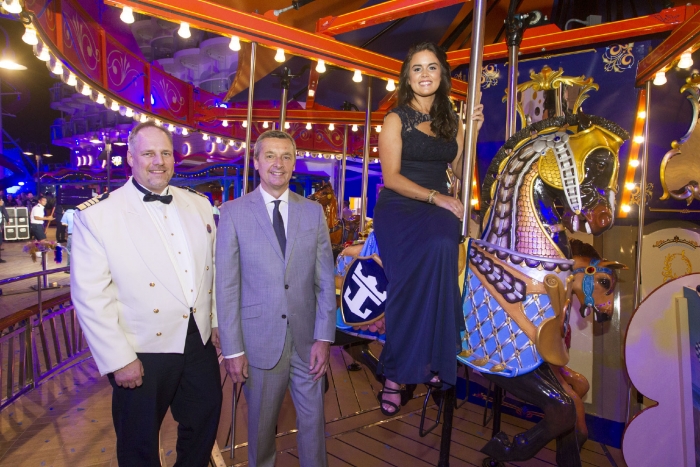 Captain Gus Andersson, Michael Bayley, President and CEO of Royal Caribbean International and Brittany Affolter after the naming ceremony on Royal Caribbean's newest ship Harmony of the Seas.