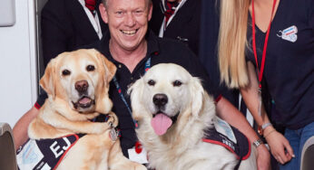 Assistance dog EJ the Golden Labrador notched up his 262nd flight with British Airways