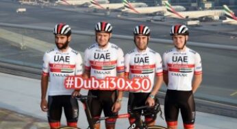 UAE Team Emirates test their riding skills on the Emirates Group Headquarters rooftop for the Dubai Fitness Challenge