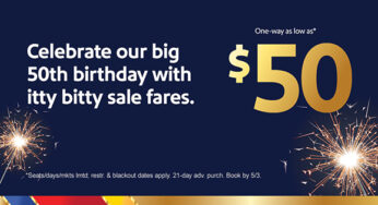 Southwest Airlines launches fare sale with fares as low as $50 one way to mark its 50th Anniversary