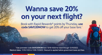 Southwest Airlines offers 20% off base fares for Rapid Rewards points bookings for fall and winter travel