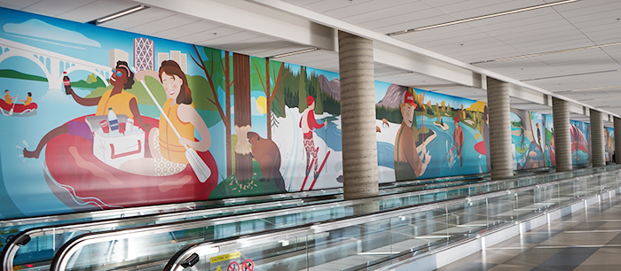 The Calgary Airport Authority partners with Coca-Cola and Coke Canada Bottling to mural installation that depicts the iconic Bow River