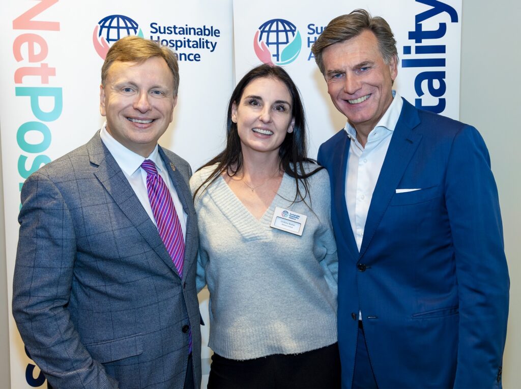 Lindsey Walter (Co-Founder, Weeva) with Glenn Mandziuk (CEO) and Wolfgang M. Neumann (Chair) of the Sustainable Hospitality Alliance 